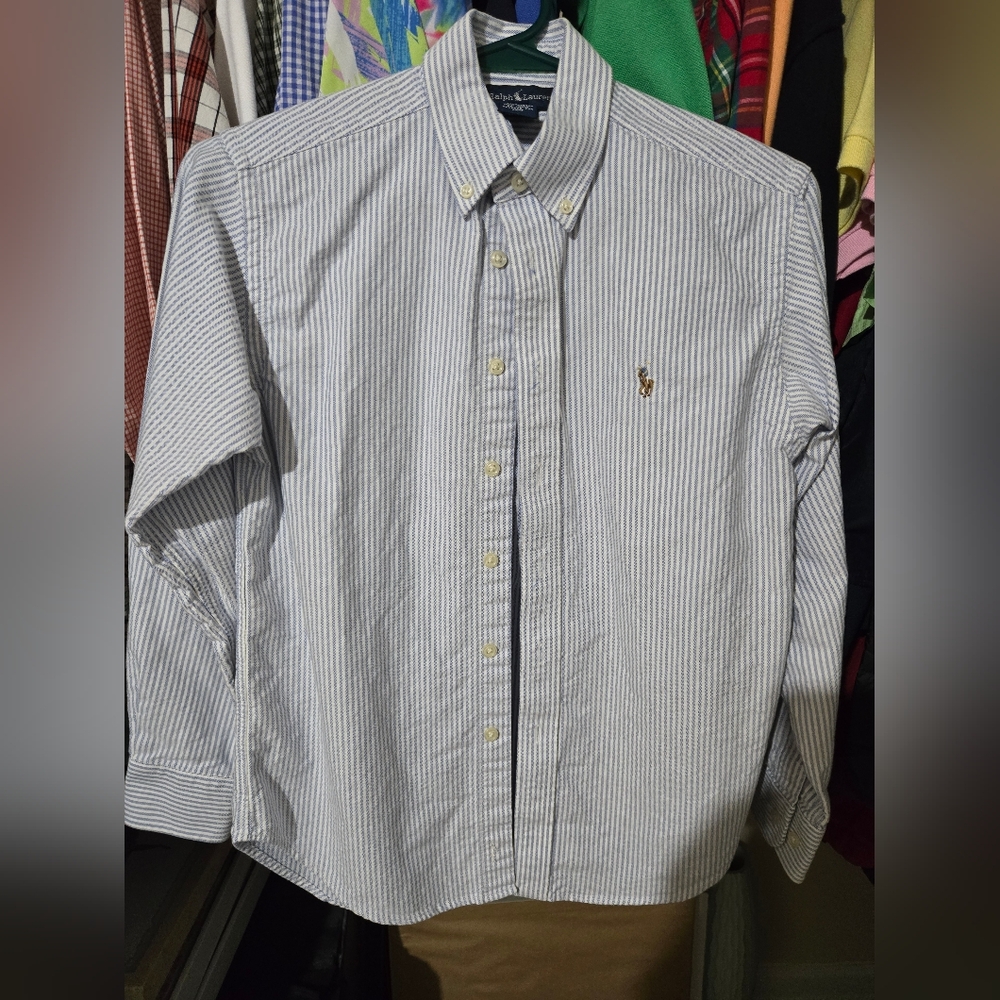 Ralph Lauren Men's White and Blue Striped Shirt